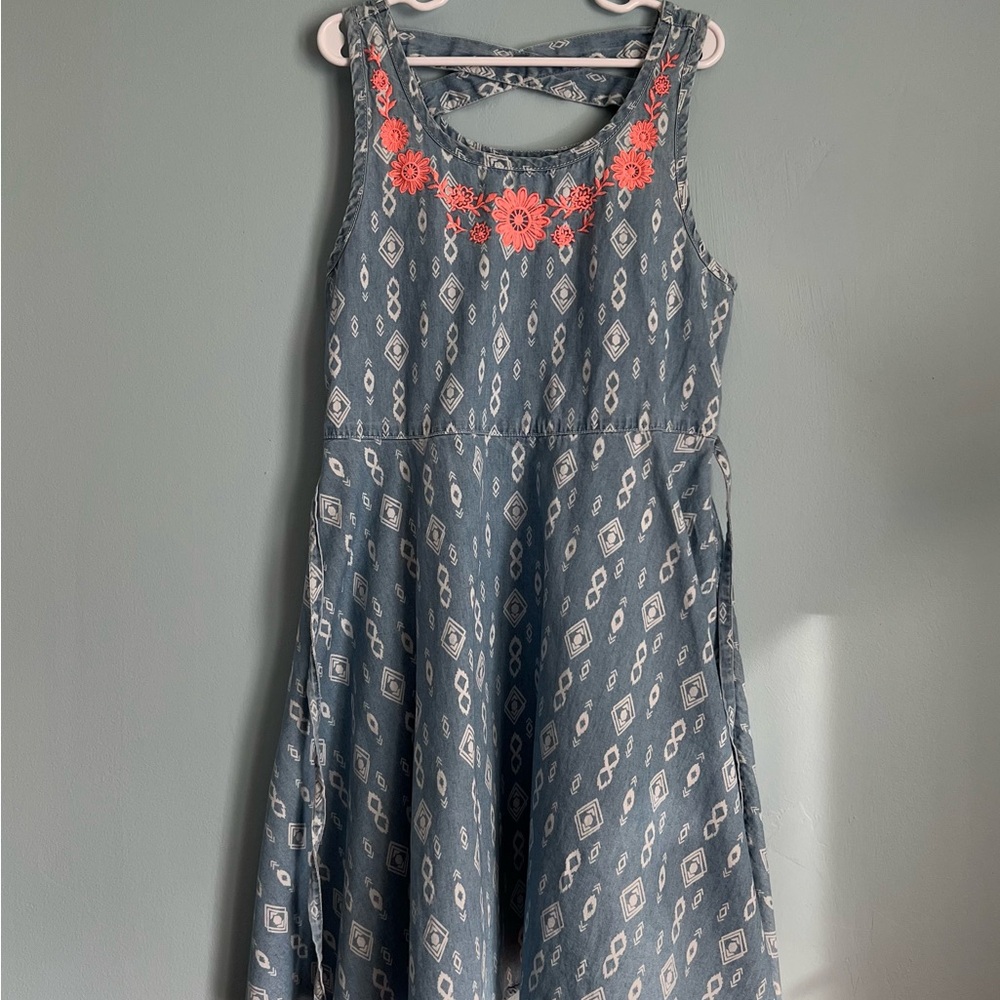 Justice Blue Chambray Geo Print Dress with Coral Floral Neckline